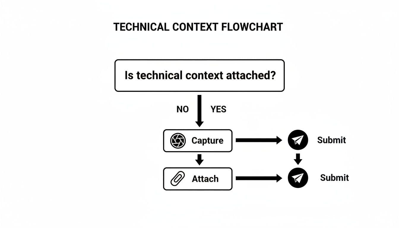 Flowchart illustrating the process of attaching and submitting technical context, including options to capture or attach.
