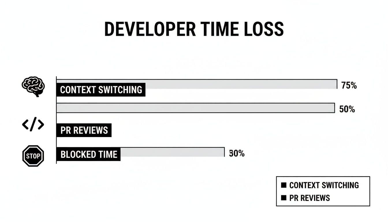 Bar chart showing developer time loss percentages from context switching, PR reviews, and blocked time.
