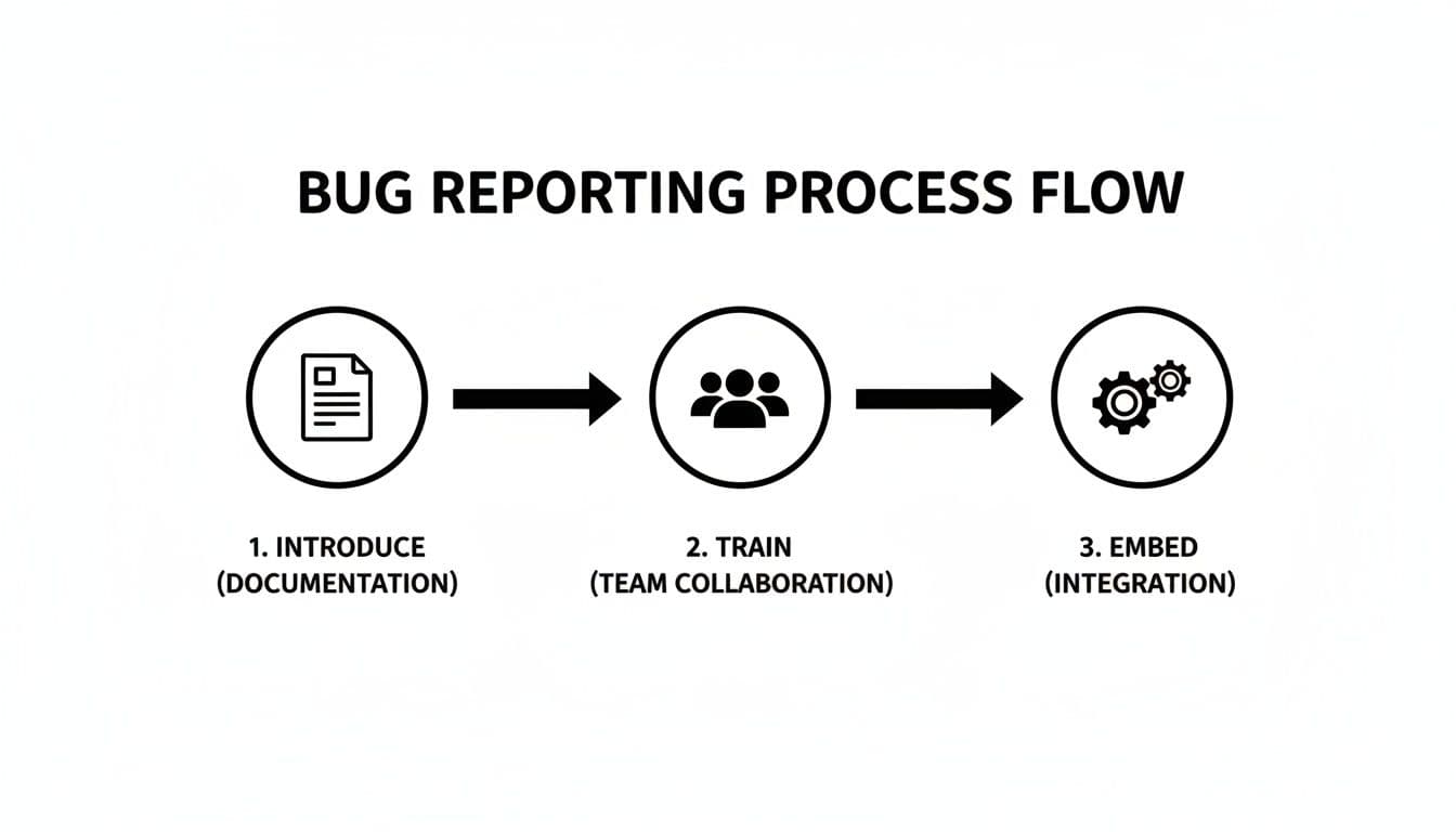 A bug reporting process flow diagram illustrating three key stages: documentation, training, and integration.