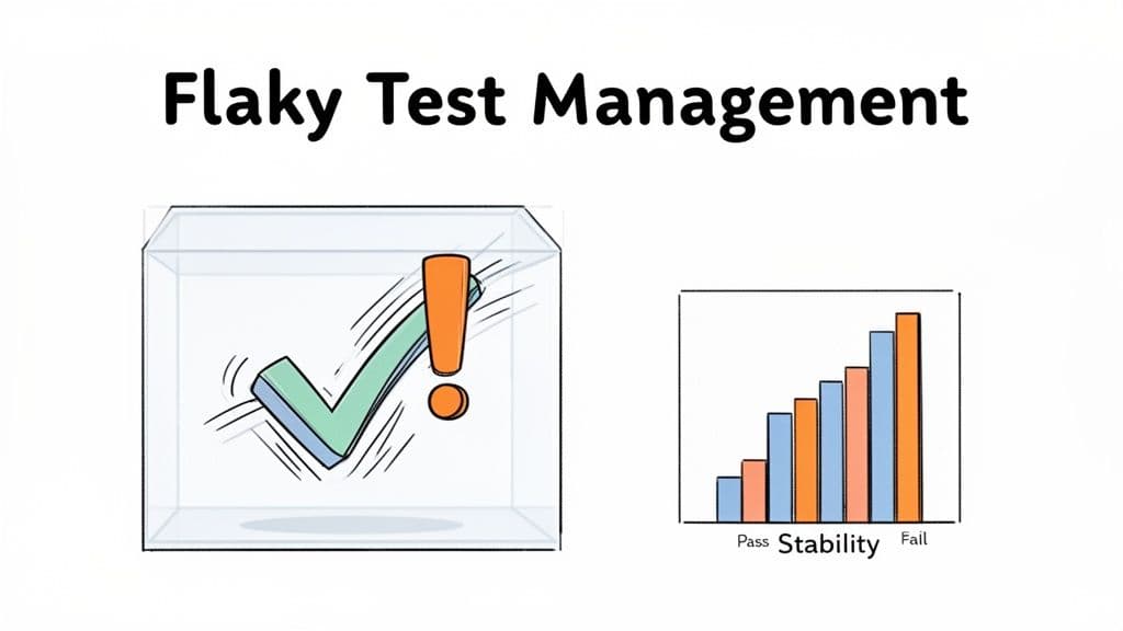 Illustration: Flaky Test Management showing an unstable checkmark/exclamation and a bar chart for stability.