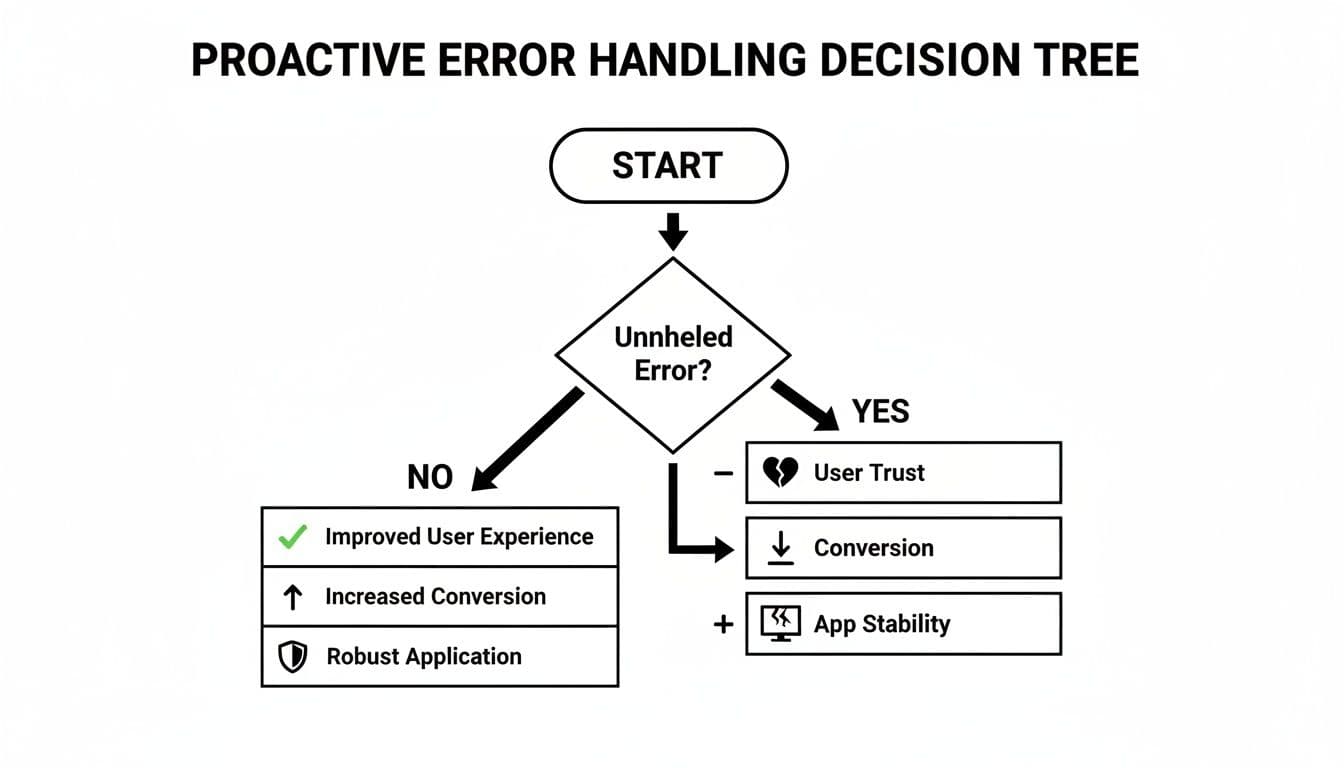 A decision tree flowchart illustrating the benefits of proactive error handling and consequences of unhandled errors.
