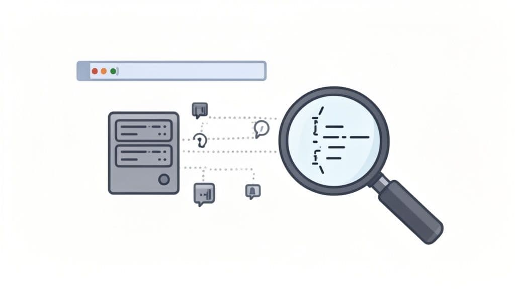 An illustration depicting a web browser, server, and network data flow being analyzed with a magnifying glass inspecting code.