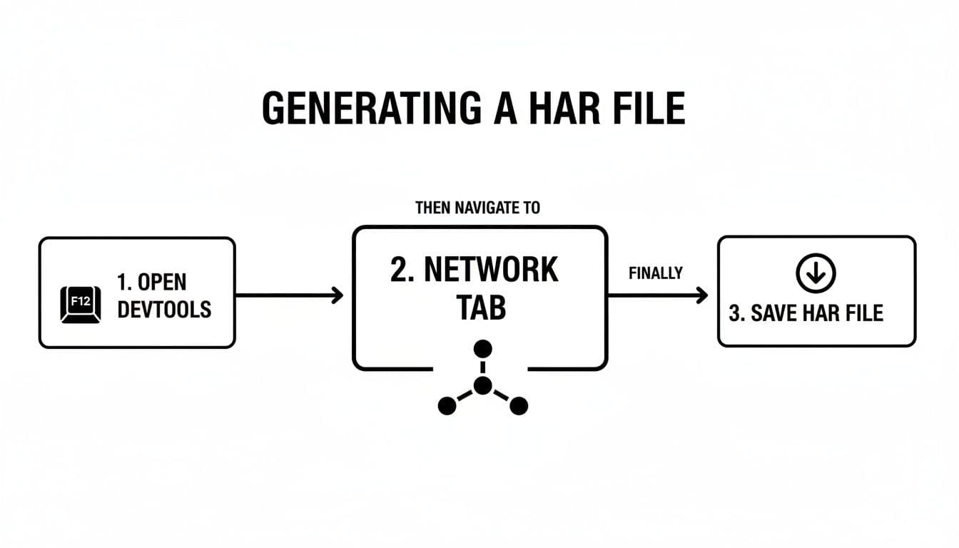 Flowchart illustrating three steps to generate a HAR file using browser developer tools.