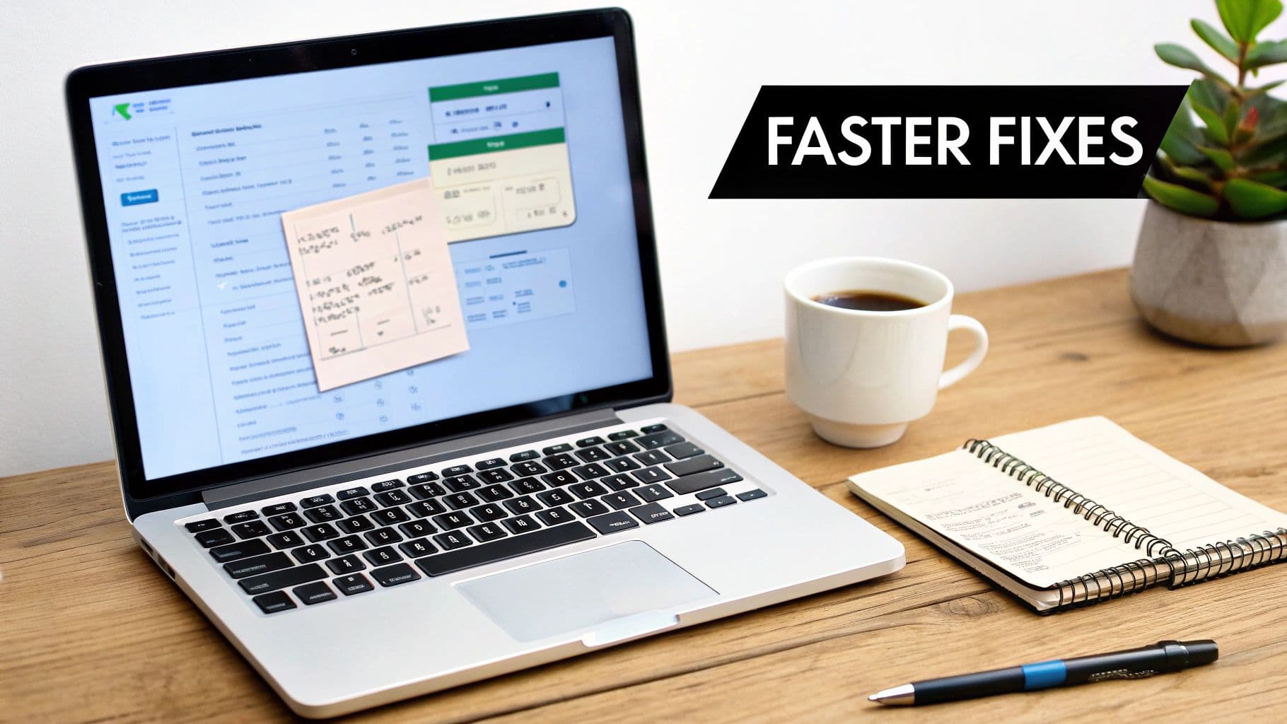 A laptop with a sticky note on screen, a cup of coffee, a notebook, and a pen on a wooden desk.