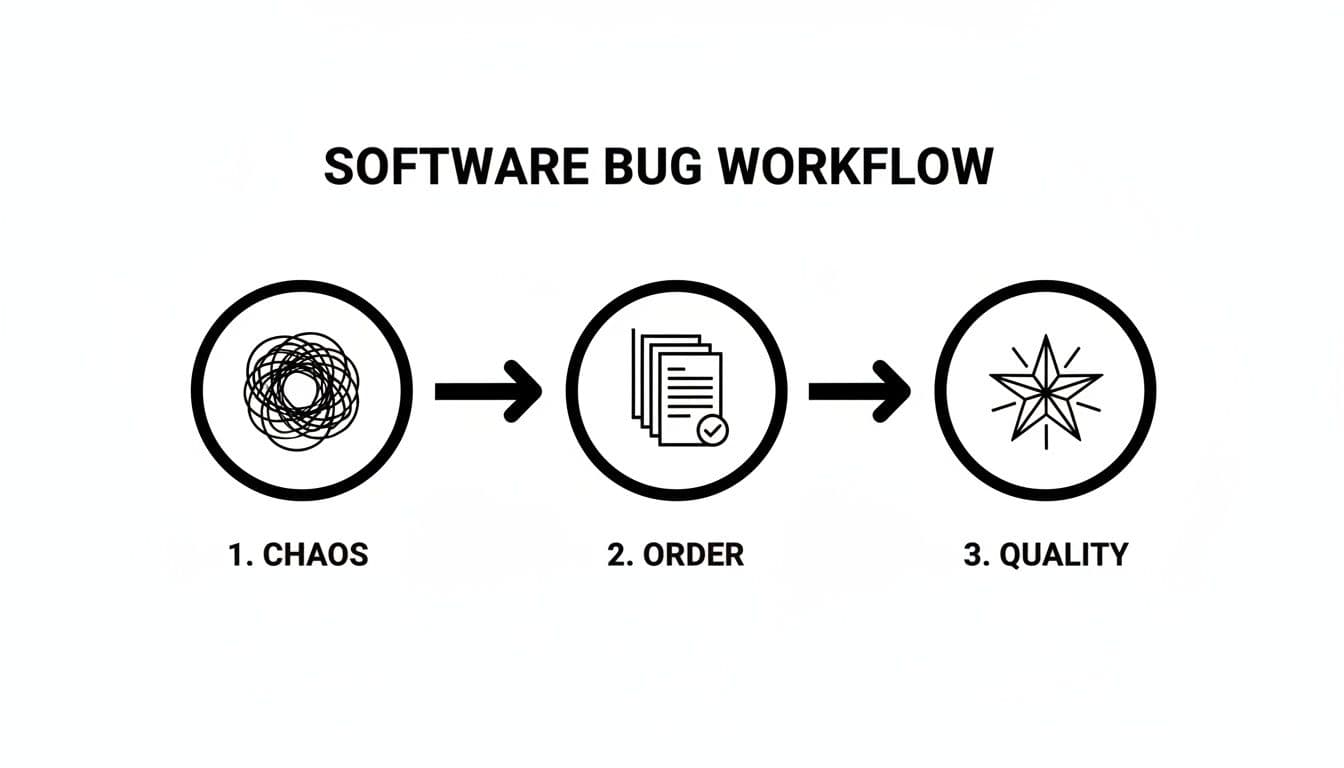 Software bug workflow diagram illustrating the process from chaos to order and quality, with icons and labels.