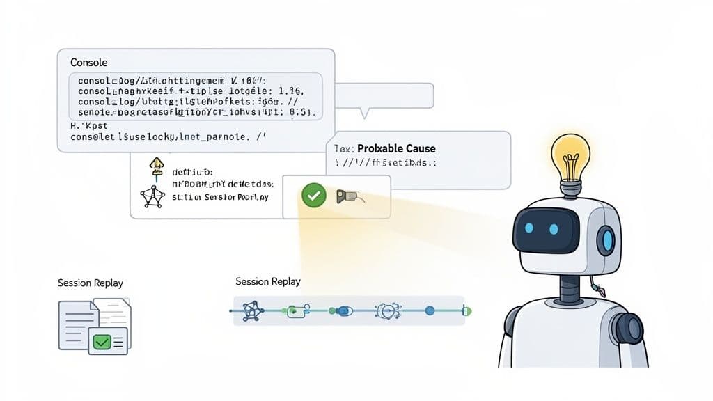 AI robot with a lightbulb analyzes console logs, identifies probable cause, and shows session replay steps.