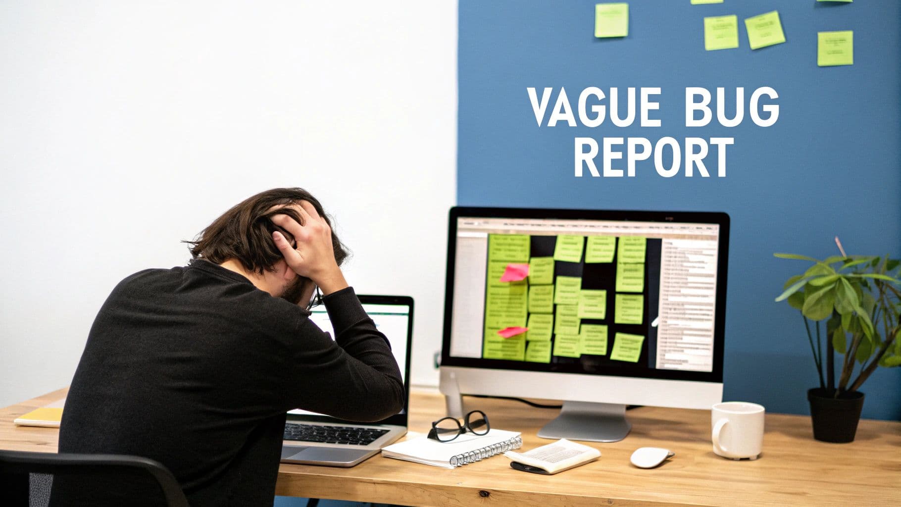 A stressed developer holds his head, frustrated by a vague bug report on his computer screen.
