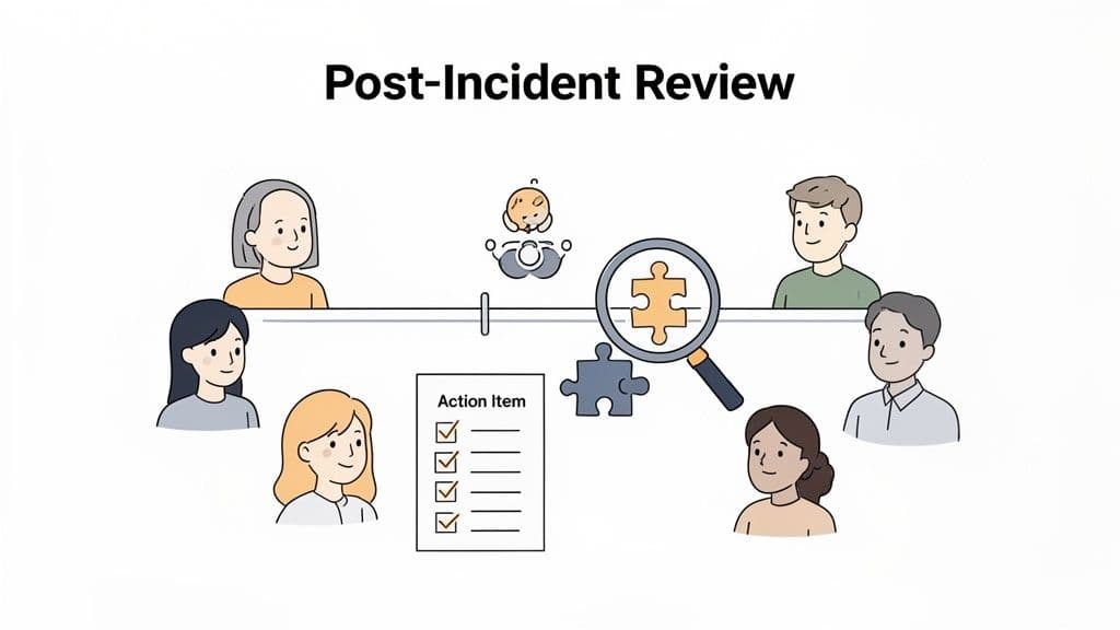 Illustration of a diverse team conducting a post-incident review, featuring a timeline, magnifying glass, and action items.