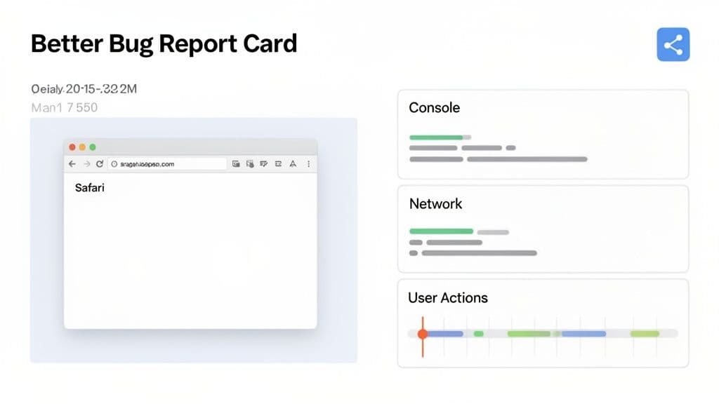 Detailed bug report card displaying Safari browser, console logs, network activity, and user actions timeline.
