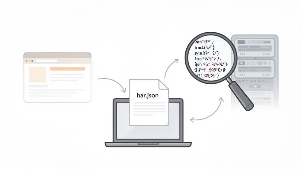 A diagram illustrating capturing browser network requests into a har.json file on a laptop for analysis.