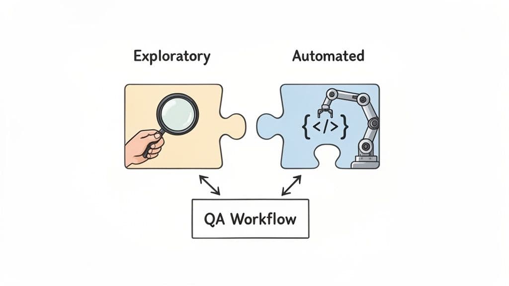 Two puzzle pieces represent exploratory (magnifying glass) and automated (robot arm with code) testing in a QA workflow.