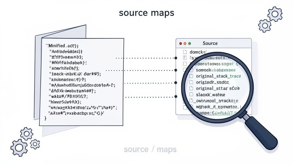 Illustration of source maps linking minified JavaScript code to its original source for debugging.