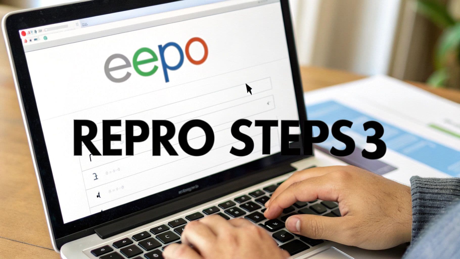Hands typing on a laptop displaying 'REPRO STEPS 3' and 'eepo' logo on the screen.