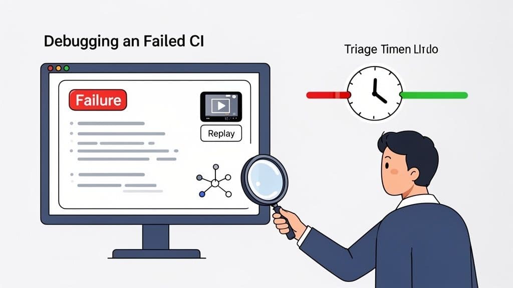 Illustration of a person with a magnifying glass debugging a failed CI build on a monitor, showing failure and replay options.