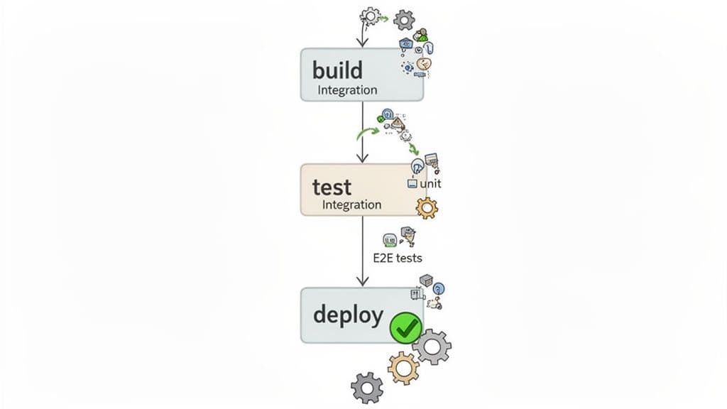 Diagram illustrating an automated software delivery pipeline with build, test (unit, integration, E2E), and deploy stages.