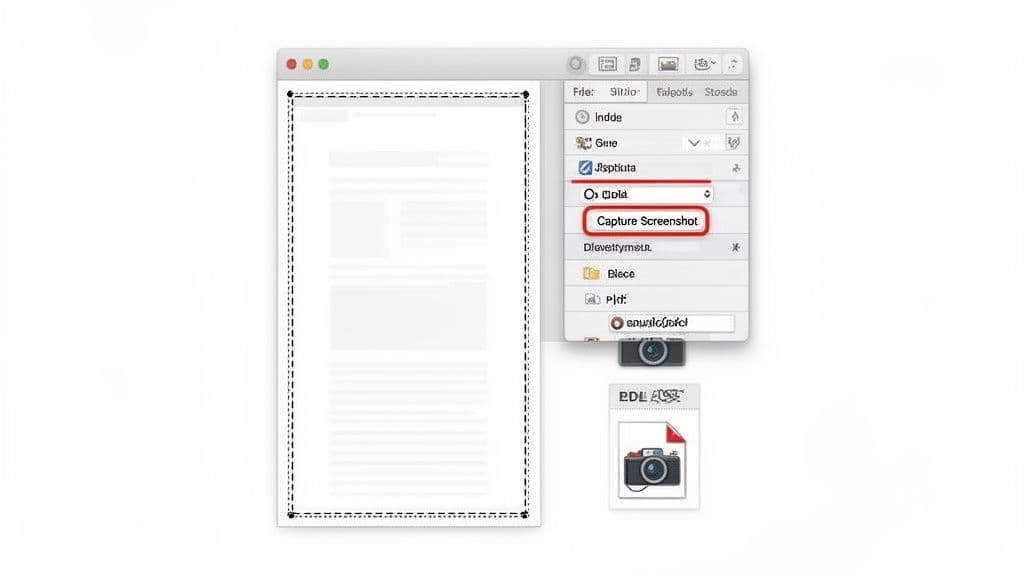 A software interface showing a selection box on a page and a dropdown menu with 'Capture Screenshot' highlighted.
