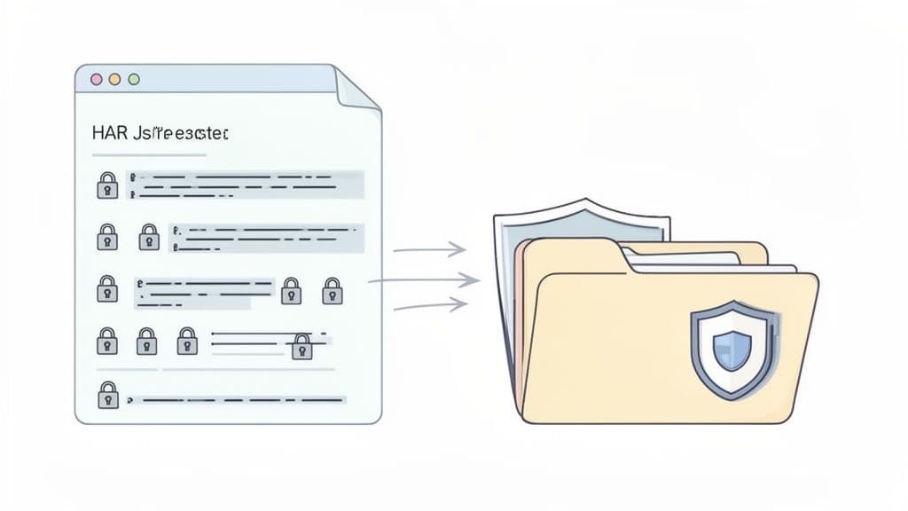 An illustration showing a HAR file document with locked data being sent to a secure folder with a shield icon.