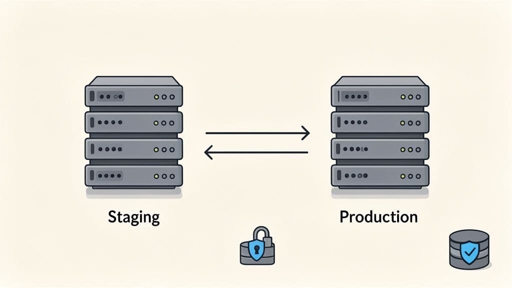 Diagram showing Staging and Production servers with data flow, security padlock, and secured database.