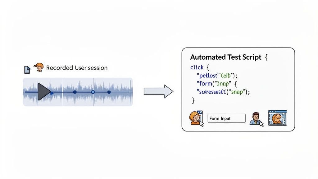 Diagram showing a recorded user session transformed into an automated test script with code and UI interactions.