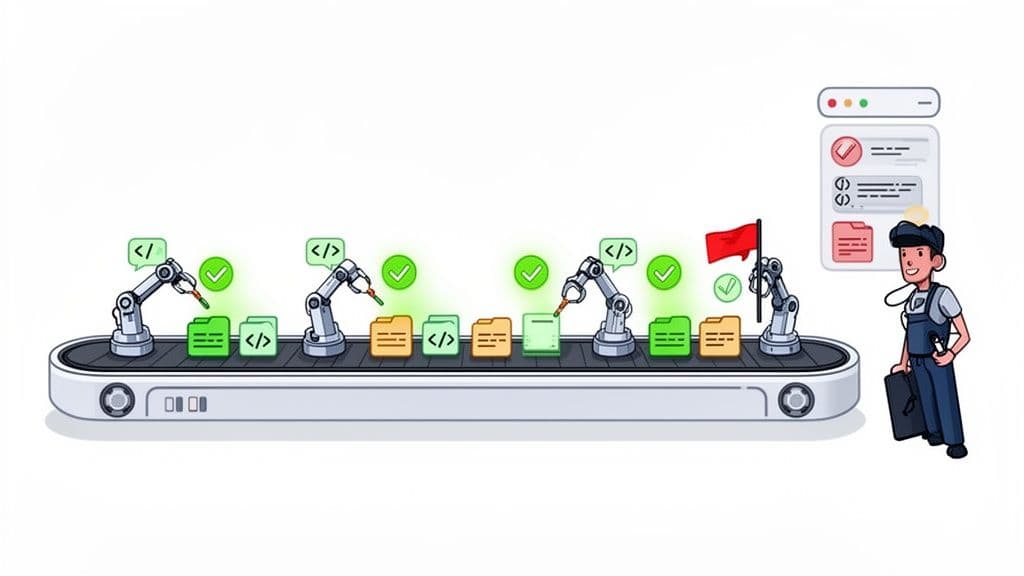 Robotic arms on a conveyor belt performing code checks, with a developer monitoring the software automation pipeline.