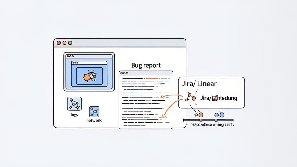 Illustration of a bug report system showing a bug, logs, network data, and integration with Jira/Linear.
