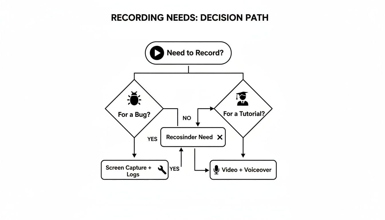 Flowchart illustrating the decision path for recording needs, distinguishing between bugs and tutorials.