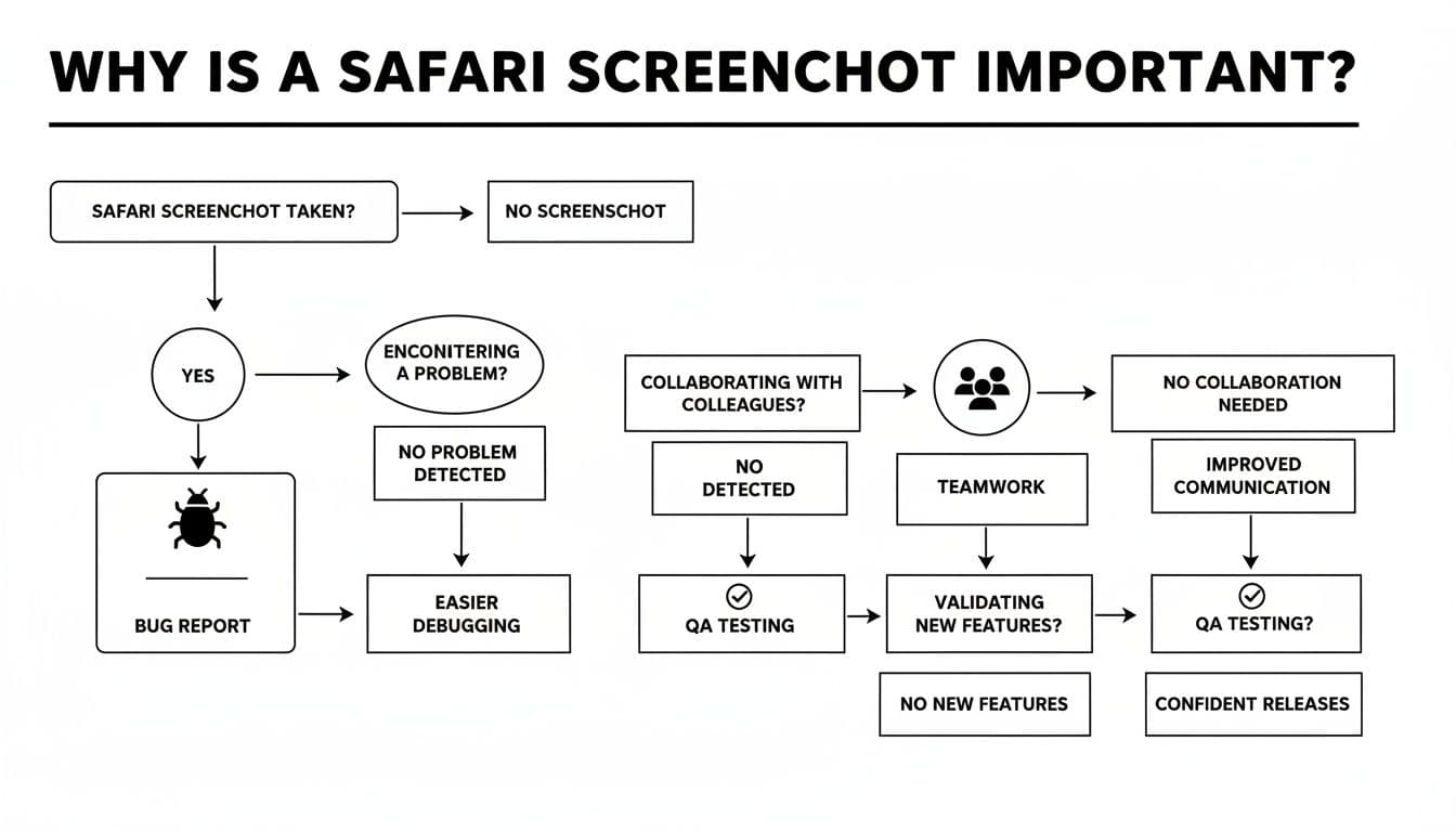 A flowchart illustrating the importance of Safari screenshots for debugging, teamwork, QA, and confident software releases.