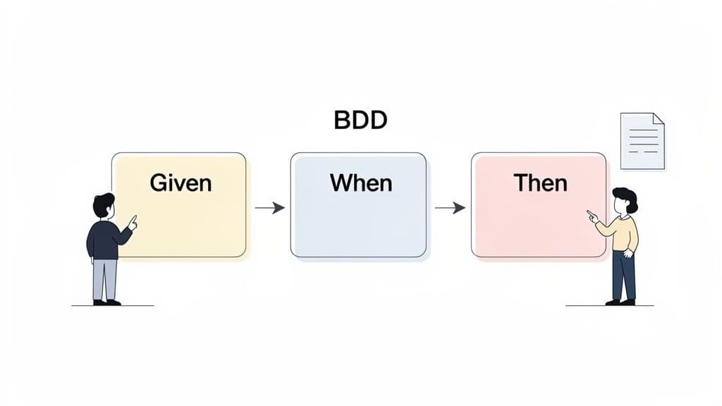 An illustration showing the BDD Given-When-Then framework with two people and flow arrows.