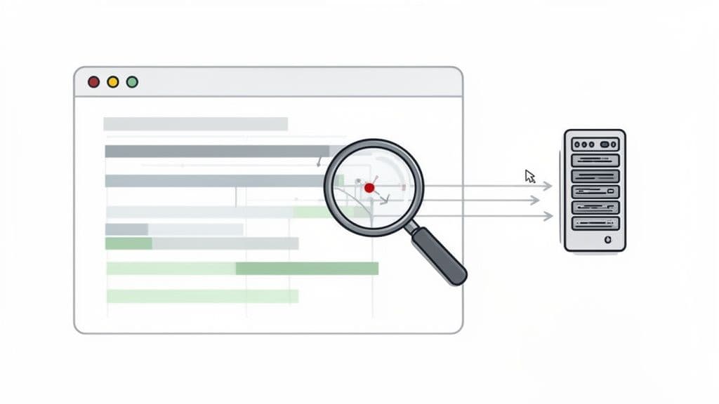 Magnifying glass analyzing data flow from a browser interface to a server rack.