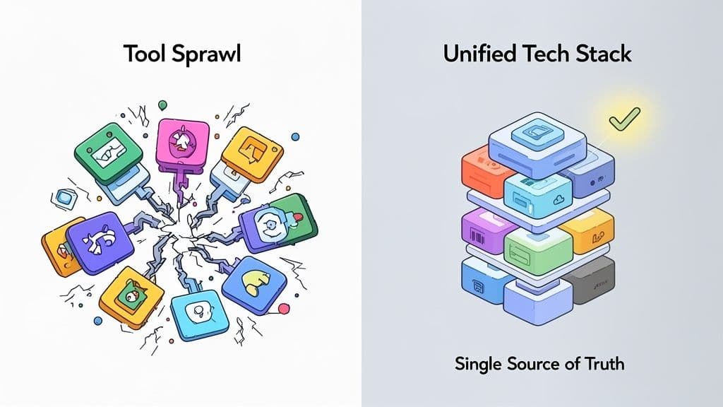 Illustration contrasting messy 'Tool Sprawl' with an organized 'Unified Tech Stack' for efficiency.