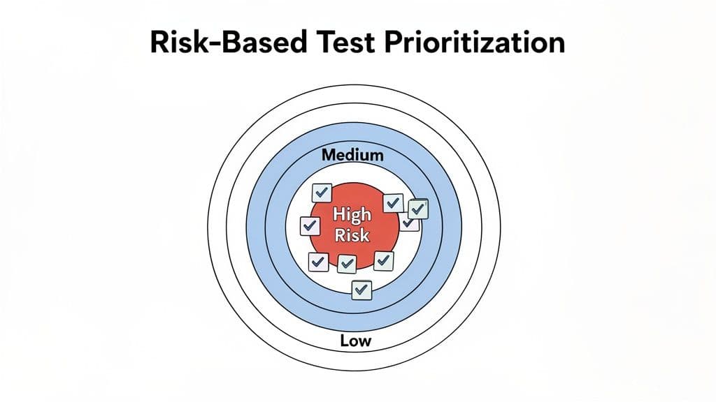A target diagram illustrating risk-based test prioritization with high, medium, and low risk zones containing checked test items.